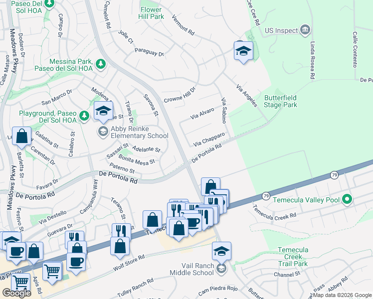 map of restaurants, bars, coffee shops, grocery stores, and more near 43856 Carini Court in Temecula
