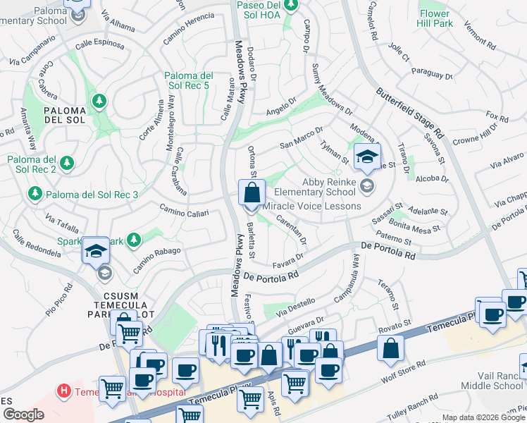 map of restaurants, bars, coffee shops, grocery stores, and more near 43838 Barletta Street in Temecula