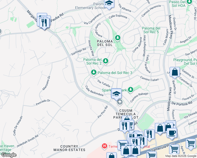 map of restaurants, bars, coffee shops, grocery stores, and more near 31870 Via Tafalla in Temecula