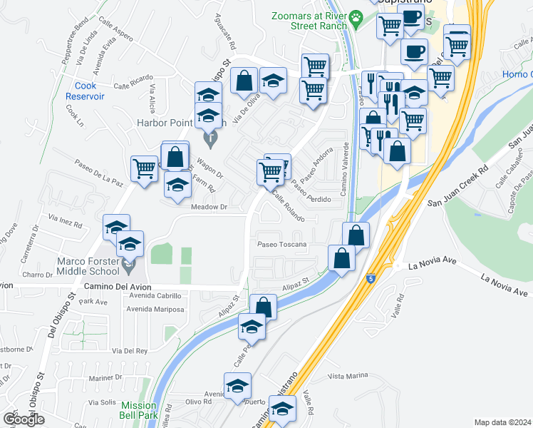 map of restaurants, bars, coffee shops, grocery stores, and more near 26281 Via Corrizo in San Juan Capistrano