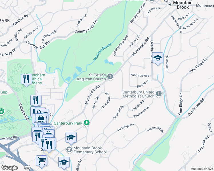 map of restaurants, bars, coffee shops, grocery stores, and more near 3037 Canterbury Road in Birmingham