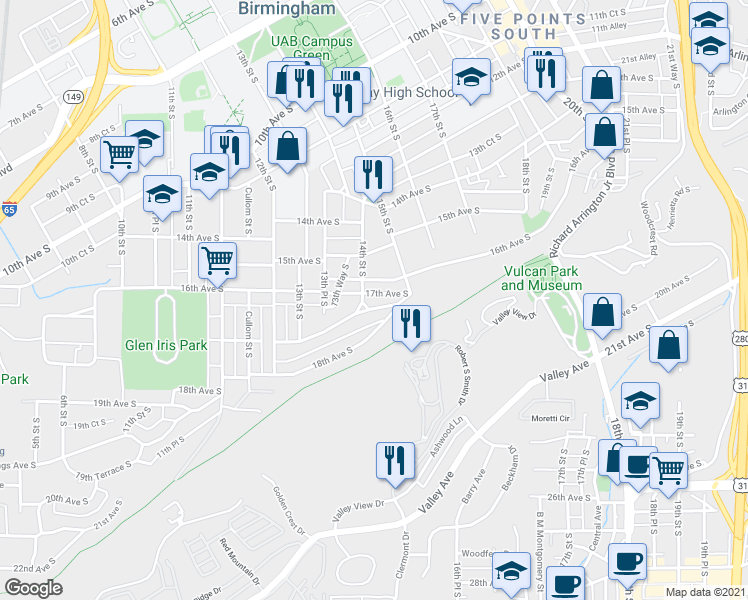 map of restaurants, bars, coffee shops, grocery stores, and more near 1432 18th Avenue South in Birmingham
