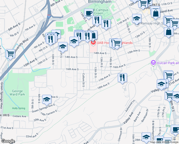 map of restaurants, bars, coffee shops, grocery stores, and more near 1611 12th Street South in Birmingham