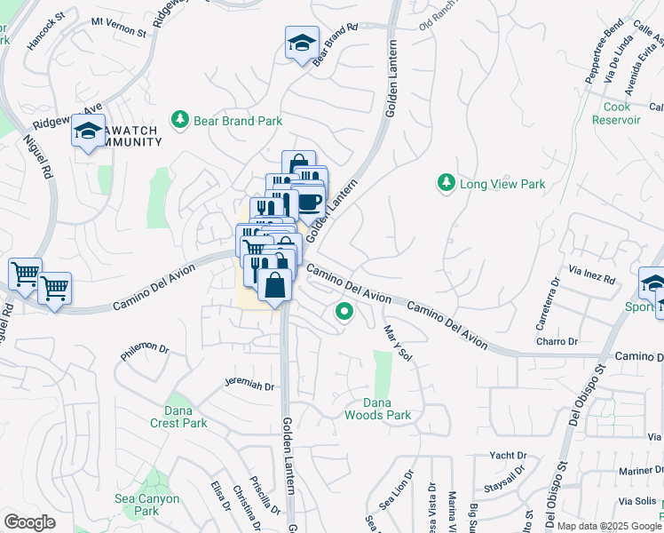 map of restaurants, bars, coffee shops, grocery stores, and more near 14 Halsey Avenue in Laguna Niguel