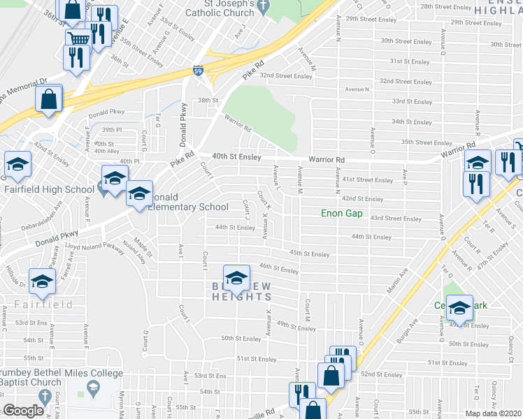 map of restaurants, bars, coffee shops, grocery stores, and more near 4300 Avenue K in Birmingham