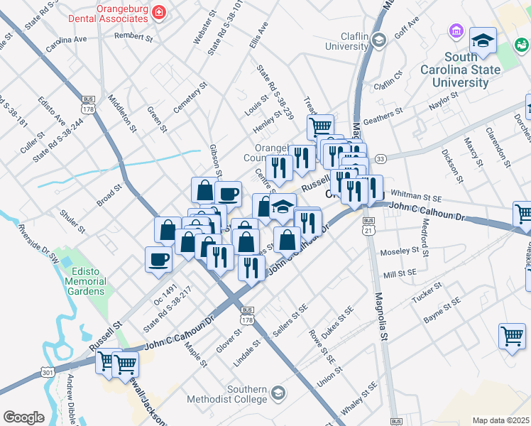 map of restaurants, bars, coffee shops, grocery stores, and more near in Orangeburg