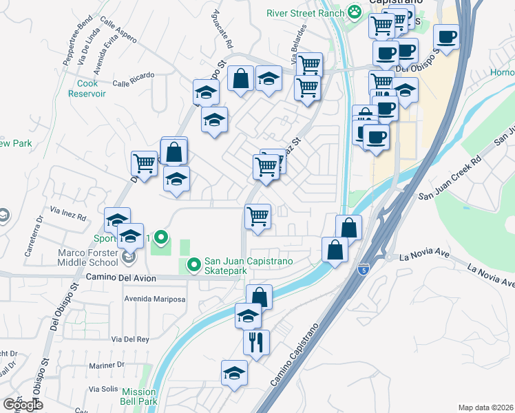 map of restaurants, bars, coffee shops, grocery stores, and more near 32552 Alipaz Street in San Juan Capistrano