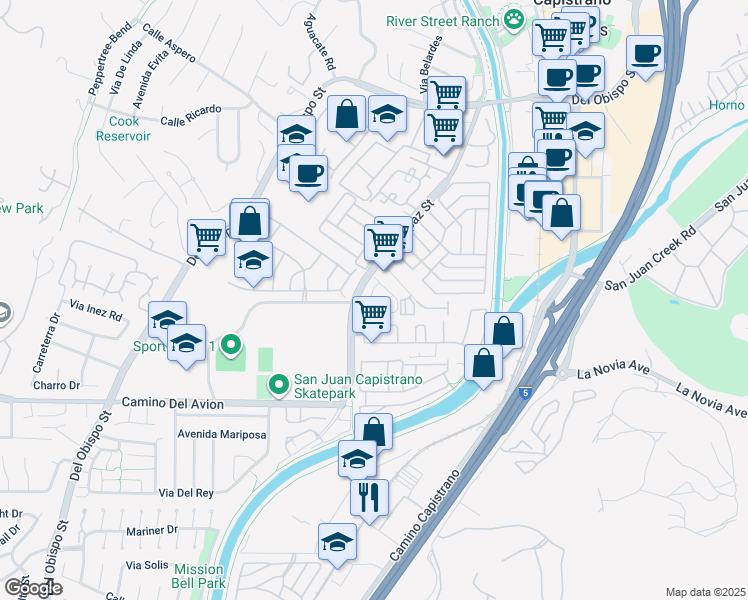 map of restaurants, bars, coffee shops, grocery stores, and more near 32552 Alipaz Street in San Juan Capistrano
