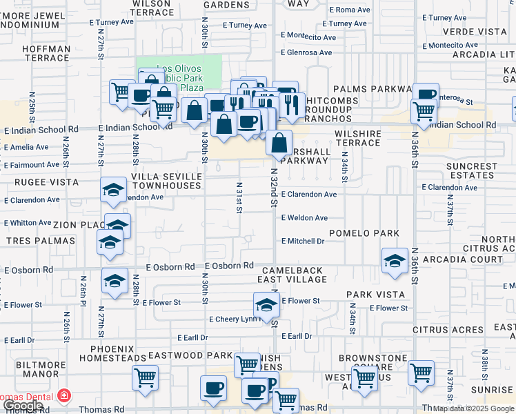 map of restaurants, bars, coffee shops, grocery stores, and more near 3126 East Weldon Avenue in Phoenix