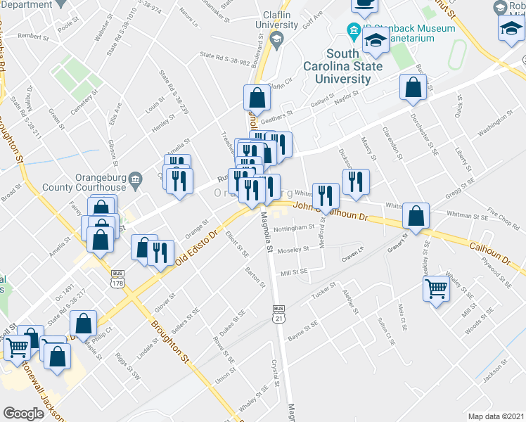 map of restaurants, bars, coffee shops, grocery stores, and more near 1908 Glover Street in Orangeburg