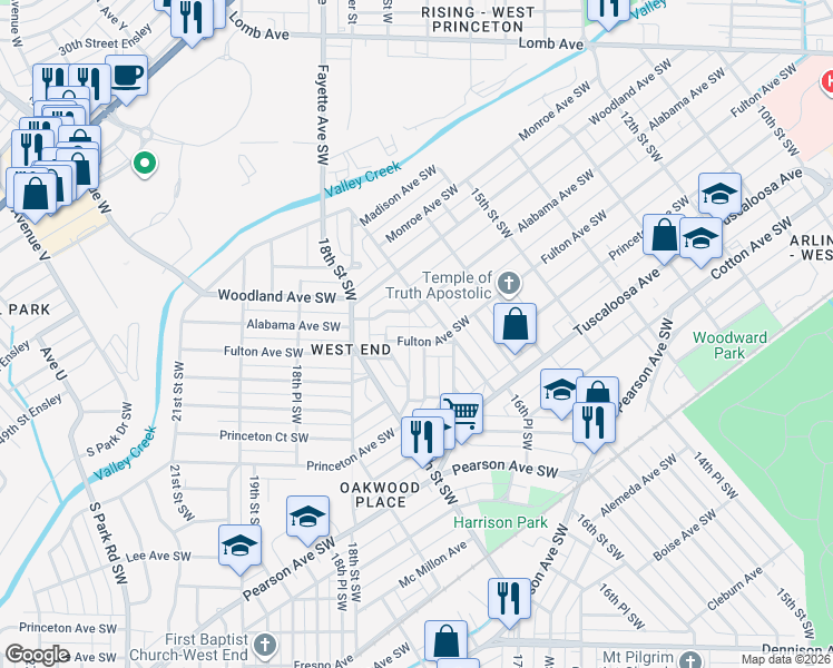 map of restaurants, bars, coffee shops, grocery stores, and more near 1672 Fulton Avenue Southwest in Birmingham
