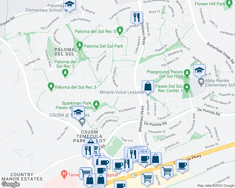 map of restaurants, bars, coffee shops, grocery stores, and more near 32170 Camino Caliari in Temecula