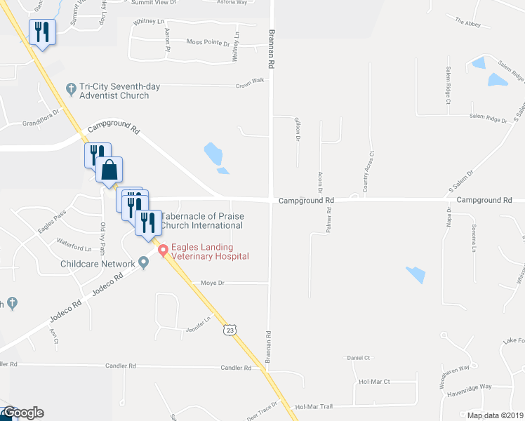 map of restaurants, bars, coffee shops, grocery stores, and more near 305 Brannan Road in McDonough