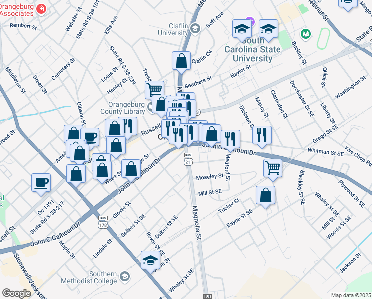 map of restaurants, bars, coffee shops, grocery stores, and more near U.S. 21 Business in Orangeburg