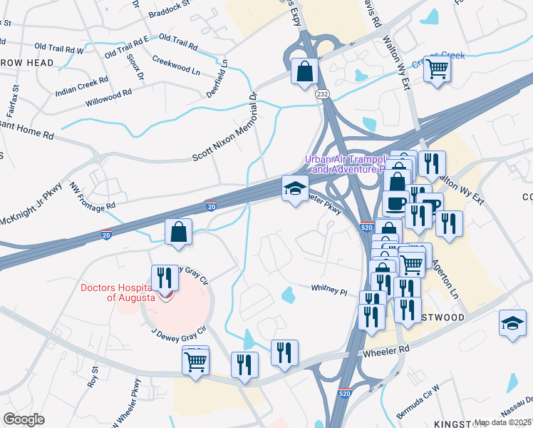 map of restaurants, bars, coffee shops, grocery stores, and more near 3152 Perimeter Parkway in Augusta