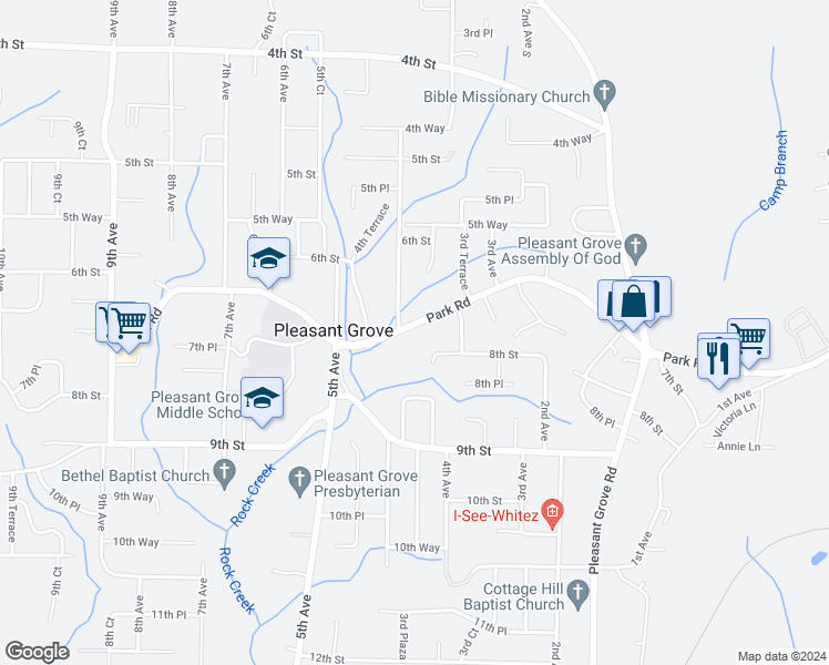 map of restaurants, bars, coffee shops, grocery stores, and more near 341 Park Road in Pleasant Grove