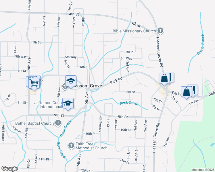 map of restaurants, bars, coffee shops, grocery stores, and more near 341 Park Road in Pleasant Grove