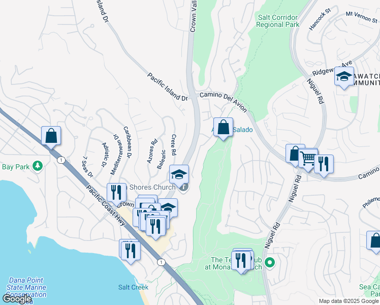 map of restaurants, bars, coffee shops, grocery stores, and more near Crown Valley Parkway in Dana Point