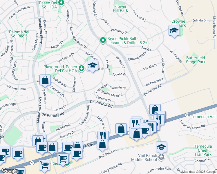 map of restaurants, bars, coffee shops, grocery stores, and more near 43812 Sassari Street in Temecula