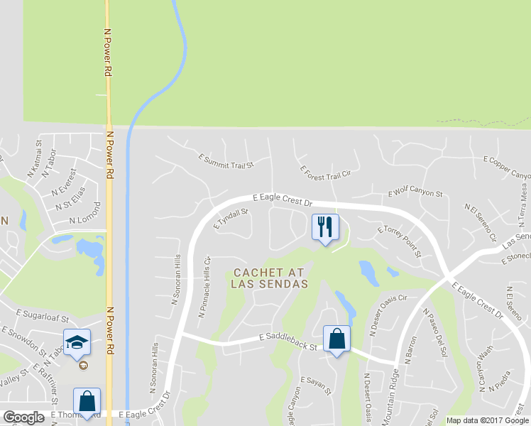 map of restaurants, bars, coffee shops, grocery stores, and more near 7445 East Eagle Crest Drive in Mesa