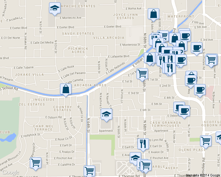 map of restaurants, bars, coffee shops, grocery stores, and more near 3639 North Mohave Way in Scottsdale