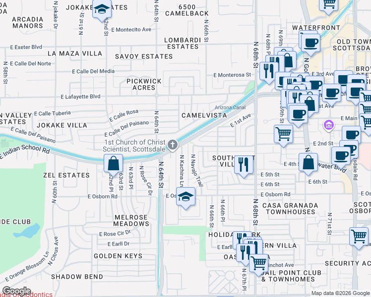 map of restaurants, bars, coffee shops, grocery stores, and more near 3632 North Navajo Trail in Scottsdale