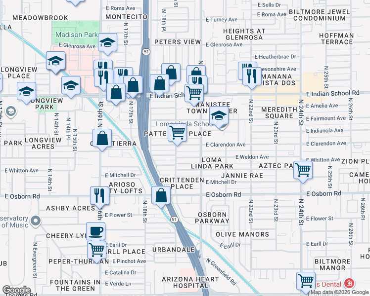 map of restaurants, bars, coffee shops, grocery stores, and more near 1902 East Weldon Avenue in Phoenix