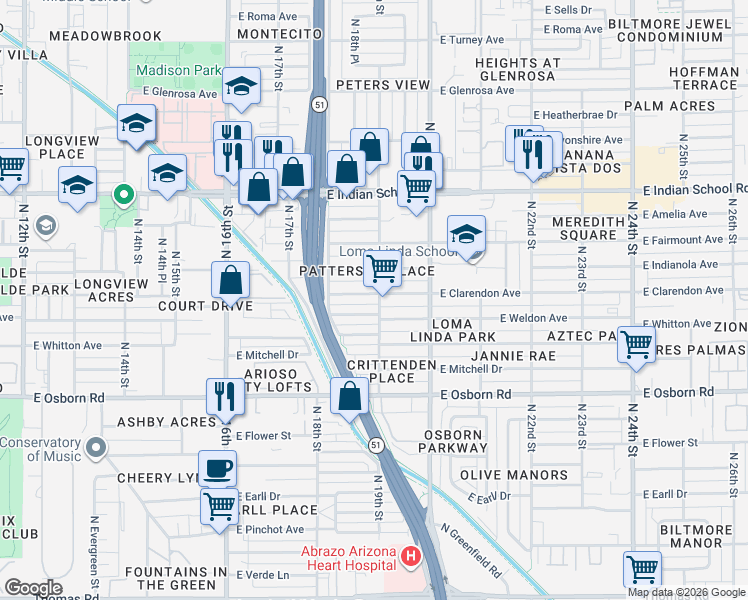 map of restaurants, bars, coffee shops, grocery stores, and more near 1902 East Weldon Avenue in Phoenix