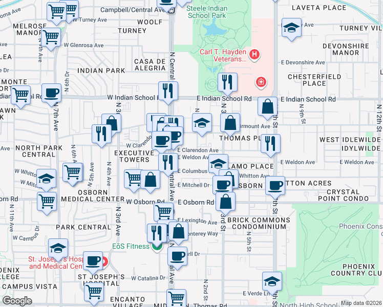 map of restaurants, bars, coffee shops, grocery stores, and more near 25 East Weldon Avenue in Phoenix