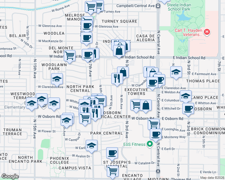 map of restaurants, bars, coffee shops, grocery stores, and more near 3629 North 5th Avenue in Phoenix