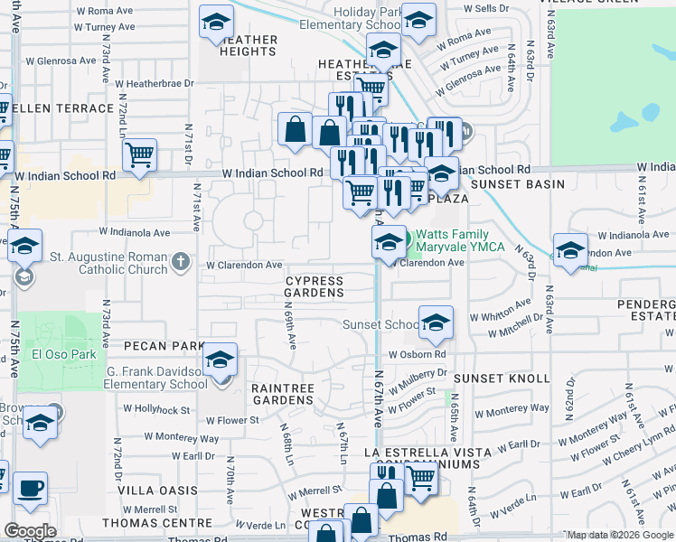 map of restaurants, bars, coffee shops, grocery stores, and more near West Britton Avenue in Phoenix