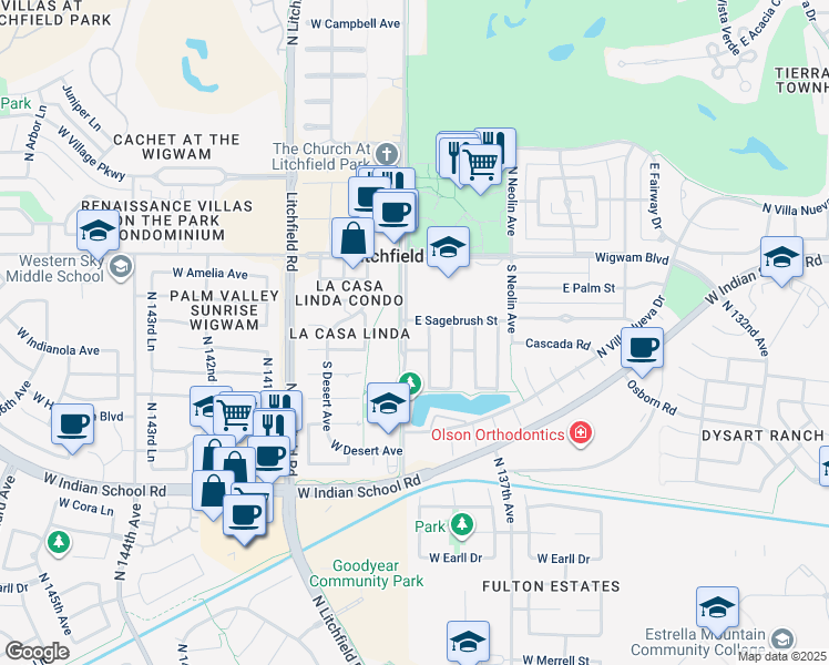 map of restaurants, bars, coffee shops, grocery stores, and more near 190 Laguna Drive West in Litchfield Park