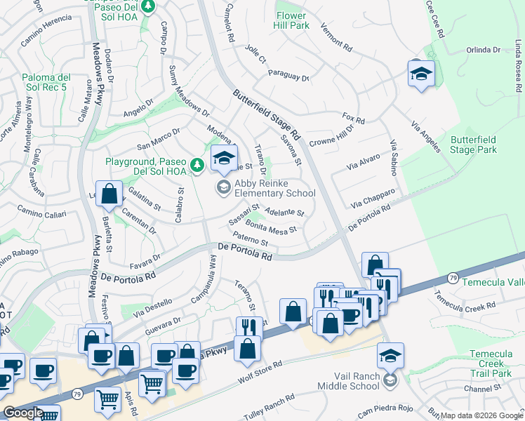 map of restaurants, bars, coffee shops, grocery stores, and more near 43812 Sassari Street in Temecula
