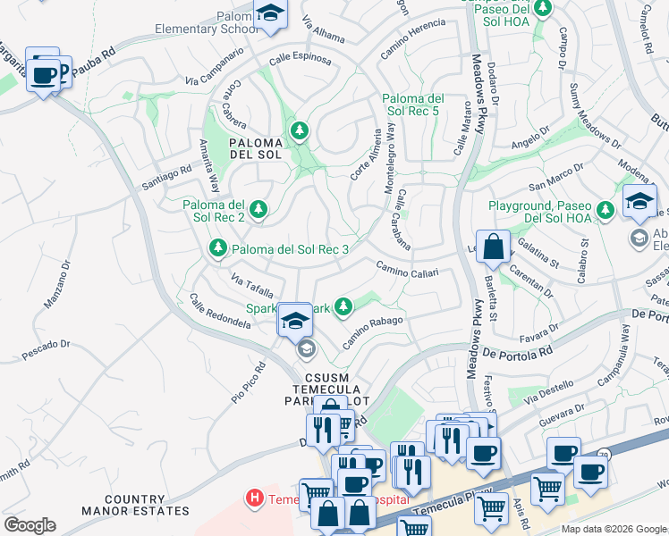 map of restaurants, bars, coffee shops, grocery stores, and more near 31957 Calle Galarza in Temecula