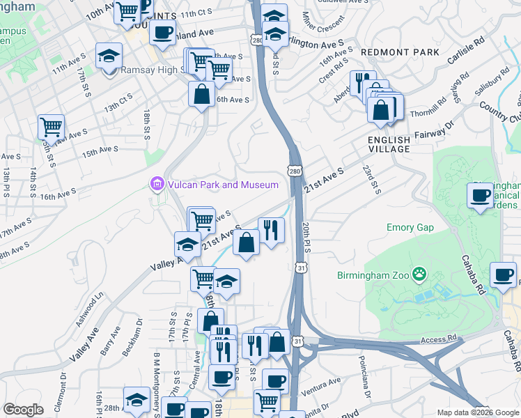 map of restaurants, bars, coffee shops, grocery stores, and more near 2033 21st Avenue South in Birmingham