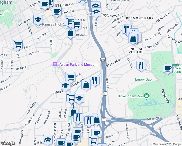 map of restaurants, bars, coffee shops, grocery stores, and more near 2033 21st Avenue South in Birmingham