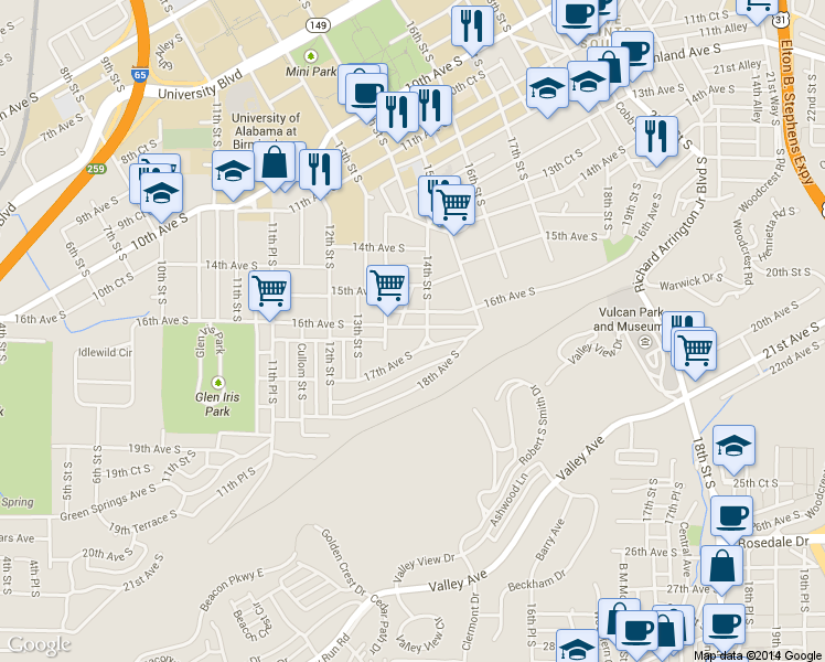 map of restaurants, bars, coffee shops, grocery stores, and more near in Birmingham