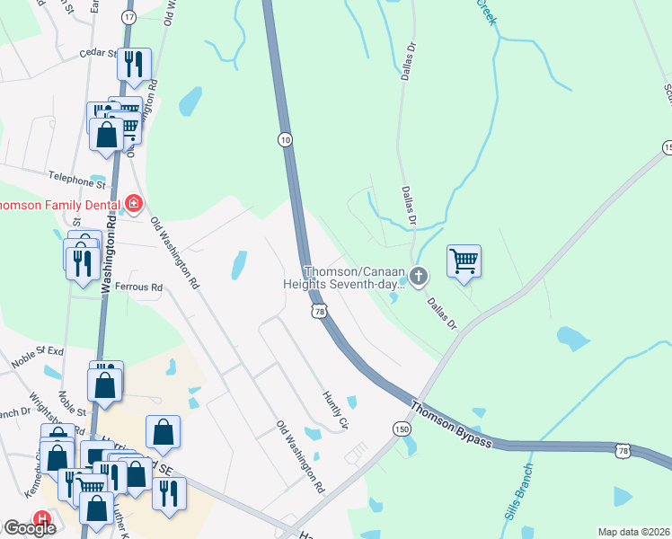 map of restaurants, bars, coffee shops, grocery stores, and more near 1243 Harrison Drive in Thomson