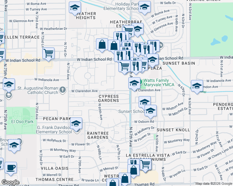 map of restaurants, bars, coffee shops, grocery stores, and more near West Britton Avenue in Phoenix