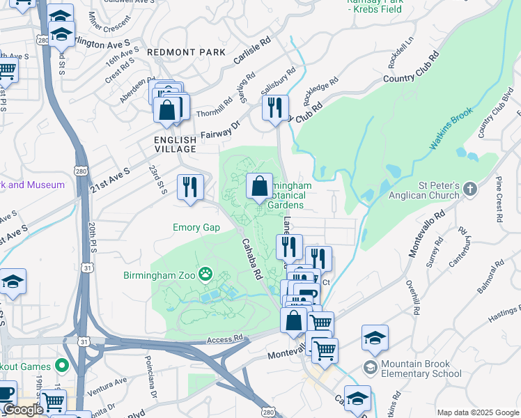 map of restaurants, bars, coffee shops, grocery stores, and more near 2612 Lane Park Road in Birmingham