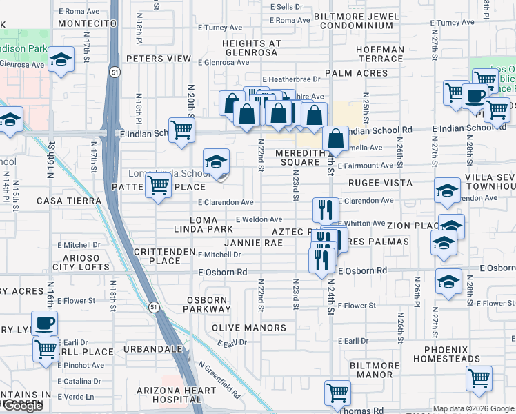 map of restaurants, bars, coffee shops, grocery stores, and more near 2145 East Clarendon Avenue in Phoenix