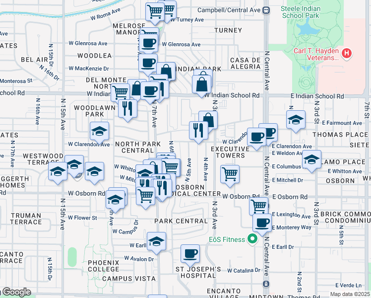 map of restaurants, bars, coffee shops, grocery stores, and more near 3658 North 5th Avenue in Phoenix