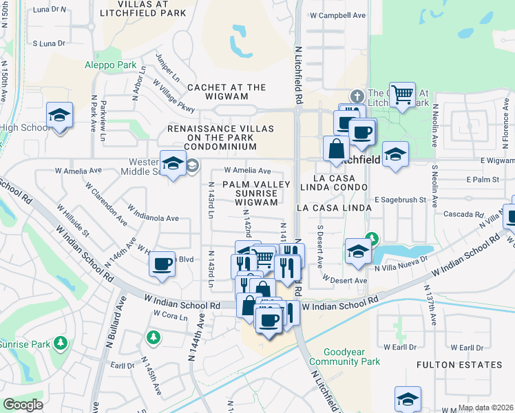 map of restaurants, bars, coffee shops, grocery stores, and more near 14226 West Indianola Avenue in Goodyear