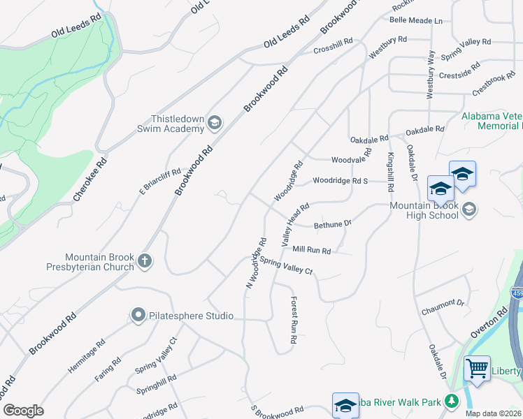 map of restaurants, bars, coffee shops, grocery stores, and more near 3816 North Woodridge Road in Birmingham