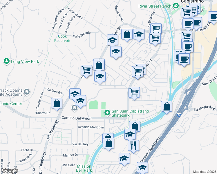 map of restaurants, bars, coffee shops, grocery stores, and more near 2 Via Positiva in San Juan Capistrano