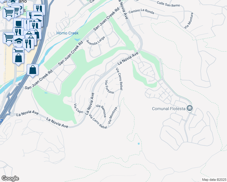 map of restaurants, bars, coffee shops, grocery stores, and more near 27553 Via Fortuna in San Juan Capistrano