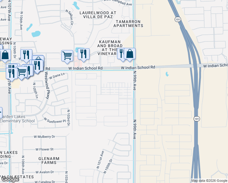 map of restaurants, bars, coffee shops, grocery stores, and more near 2918-3480 North 99th Avenue in Avondale