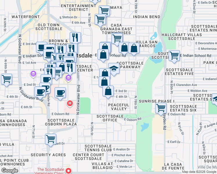 map of restaurants, bars, coffee shops, grocery stores, and more near 3666 North Miller Road in Scottsdale