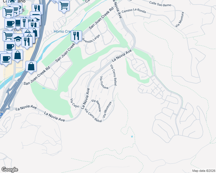 map of restaurants, bars, coffee shops, grocery stores, and more near 27553 Via Fortuna in San Juan Capistrano