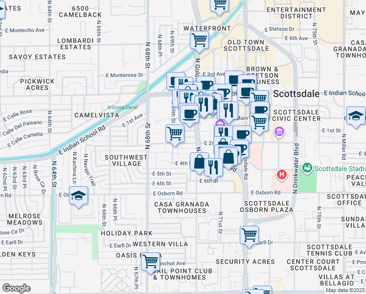 map of restaurants, bars, coffee shops, grocery stores, and more near 6929 East 2nd Street in Scottsdale